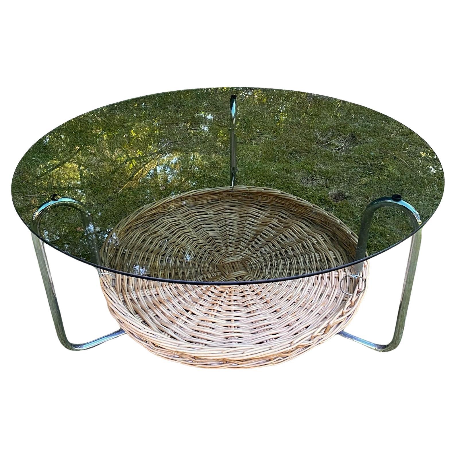 Round Glass Coffee Table with Wicker Magzine Rack, 1960s For Sale