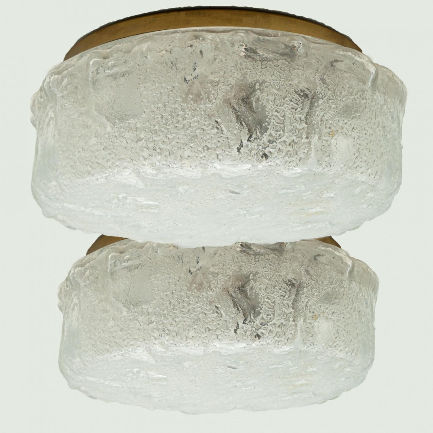 Round Glass Flush Mounts by Helena Tynell for Glashütte Limburg, manufactured in Germany in 1960. The round glass is mounted on a metal back plate.

Please note the price is for one piece.

Dimensions:
Diameter: 19,7″ (27 cm)
Depth: 5,5″ (12