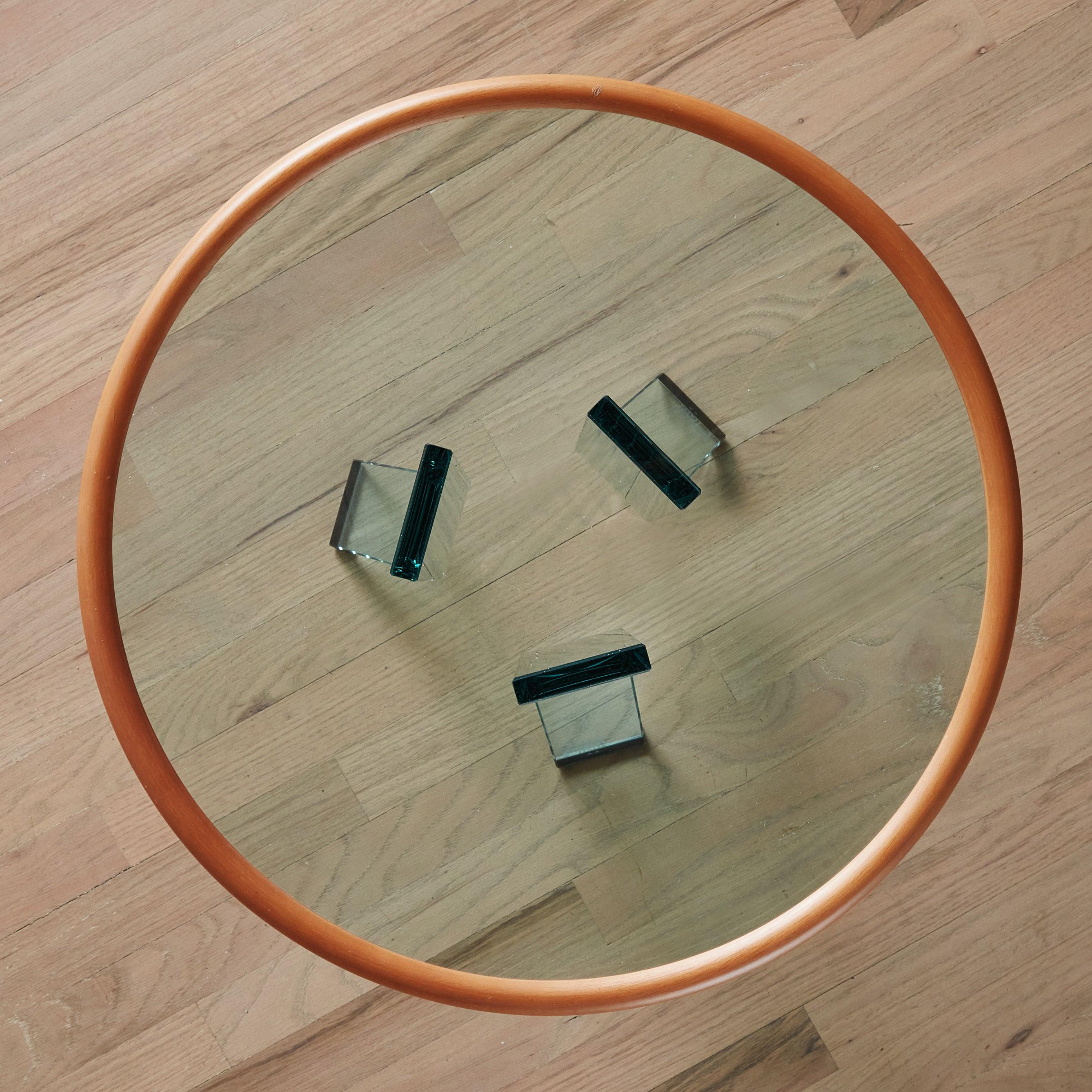 Italian Round Glass Side Table with Wood Trim by FIAM, 1980s