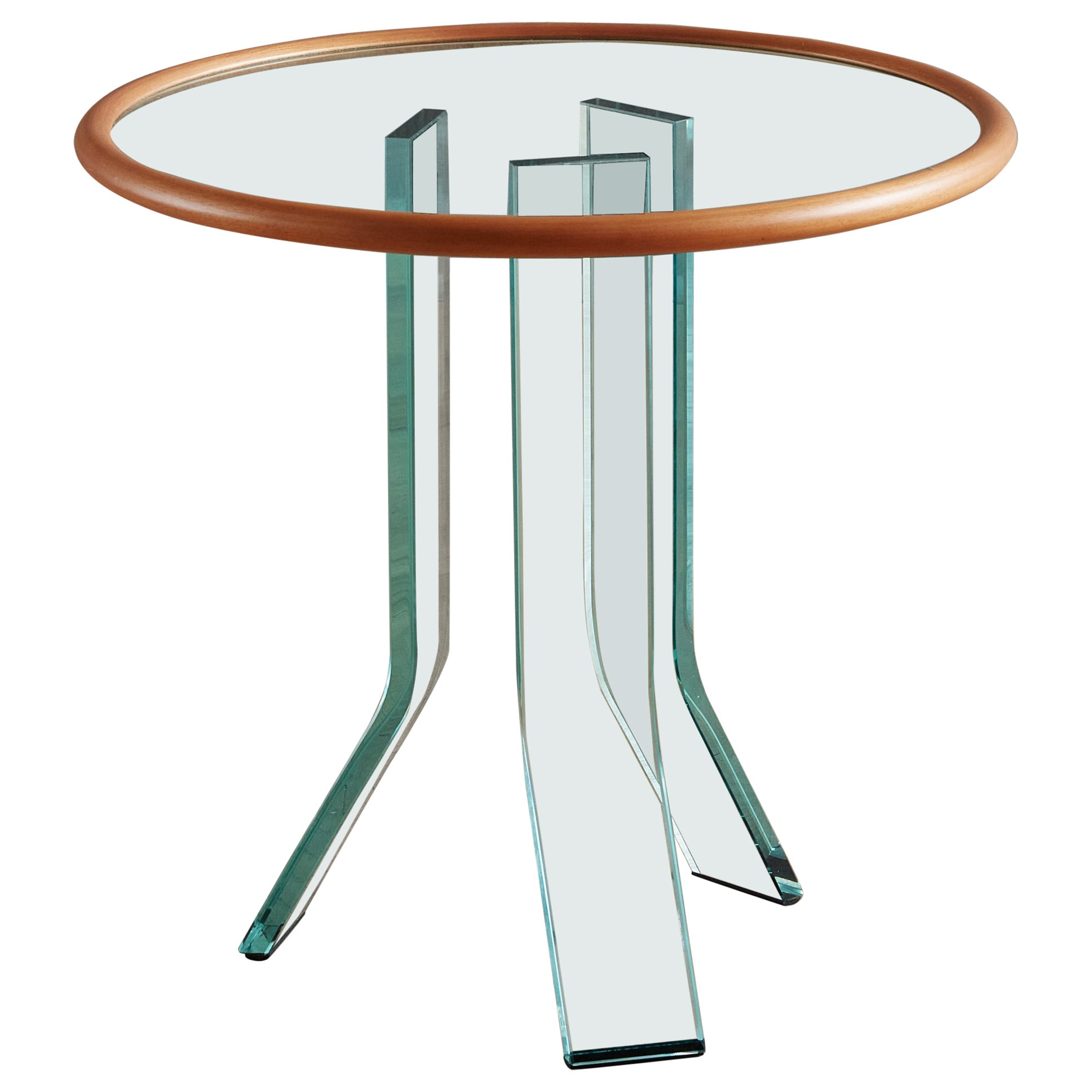 Round Glass Side Table with Wood Trim by FIAM, 1980s