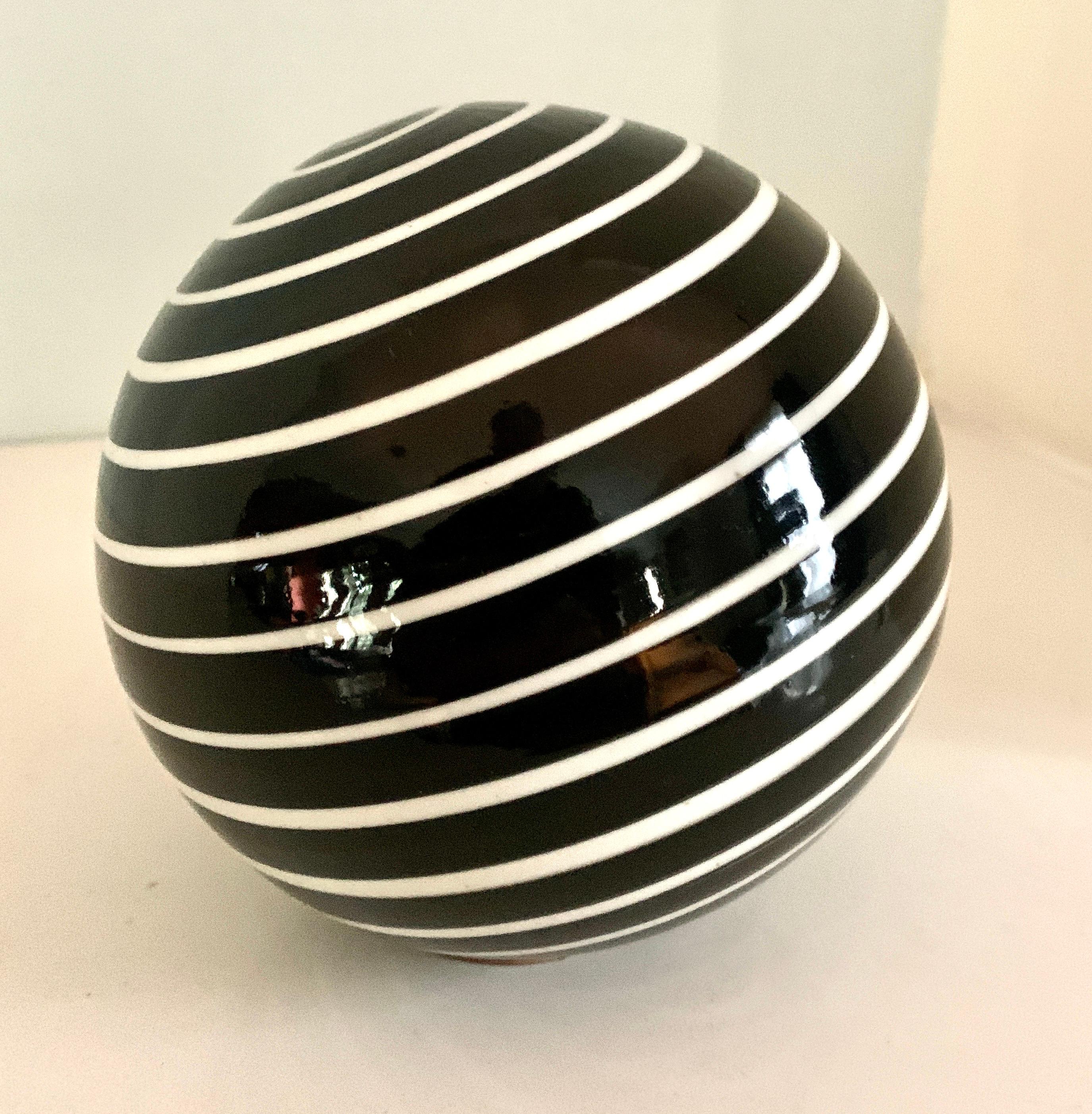 Round Glass Sphere Paper Weight with White Stripes on a Black Field 5