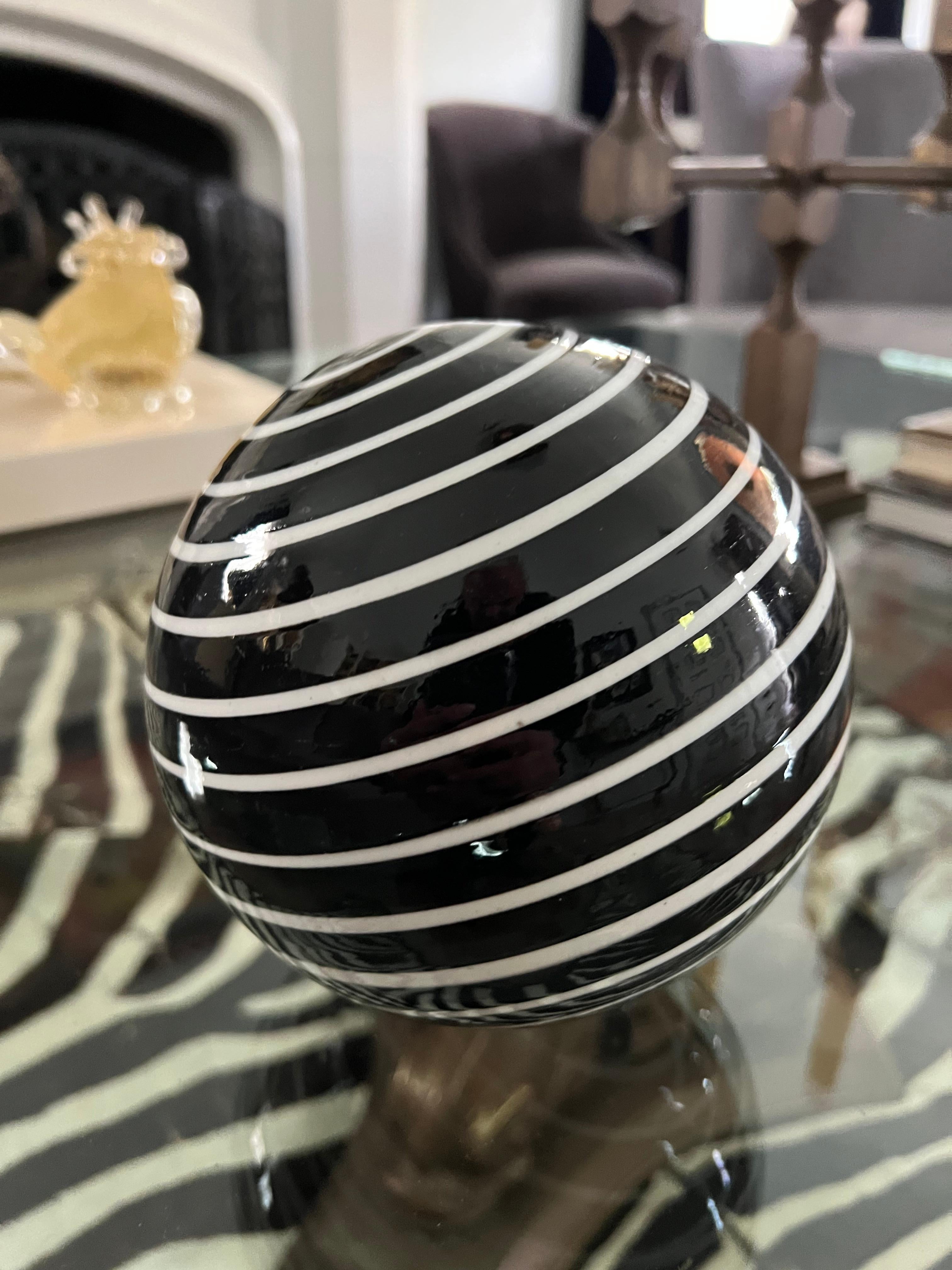 Round Glass Sphere Paper Weight with White Stripes on a Black Field In Good Condition In Los Angeles, CA