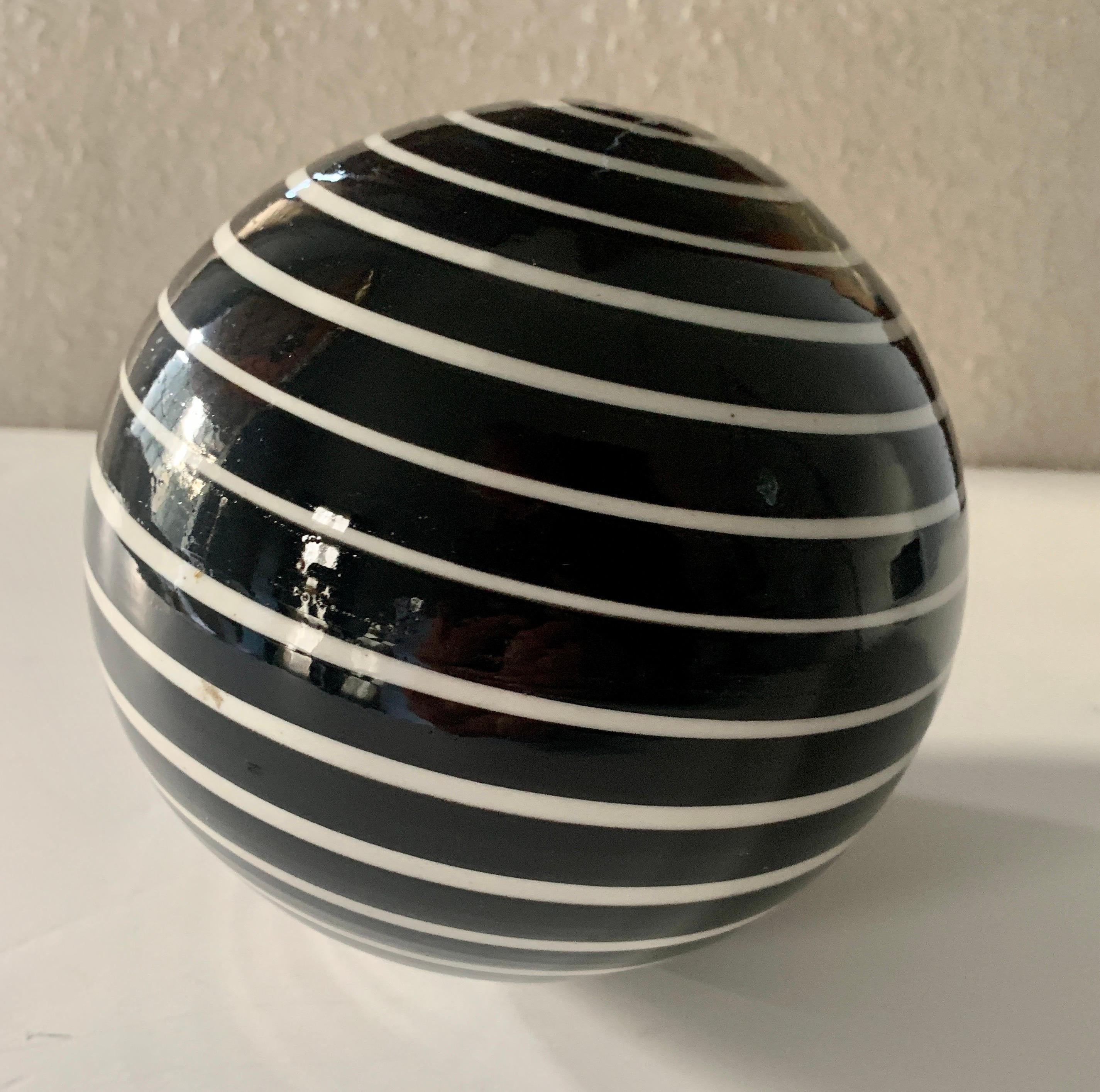 Round Glass Sphere Paper Weight with White Stripes on a Black Field 4