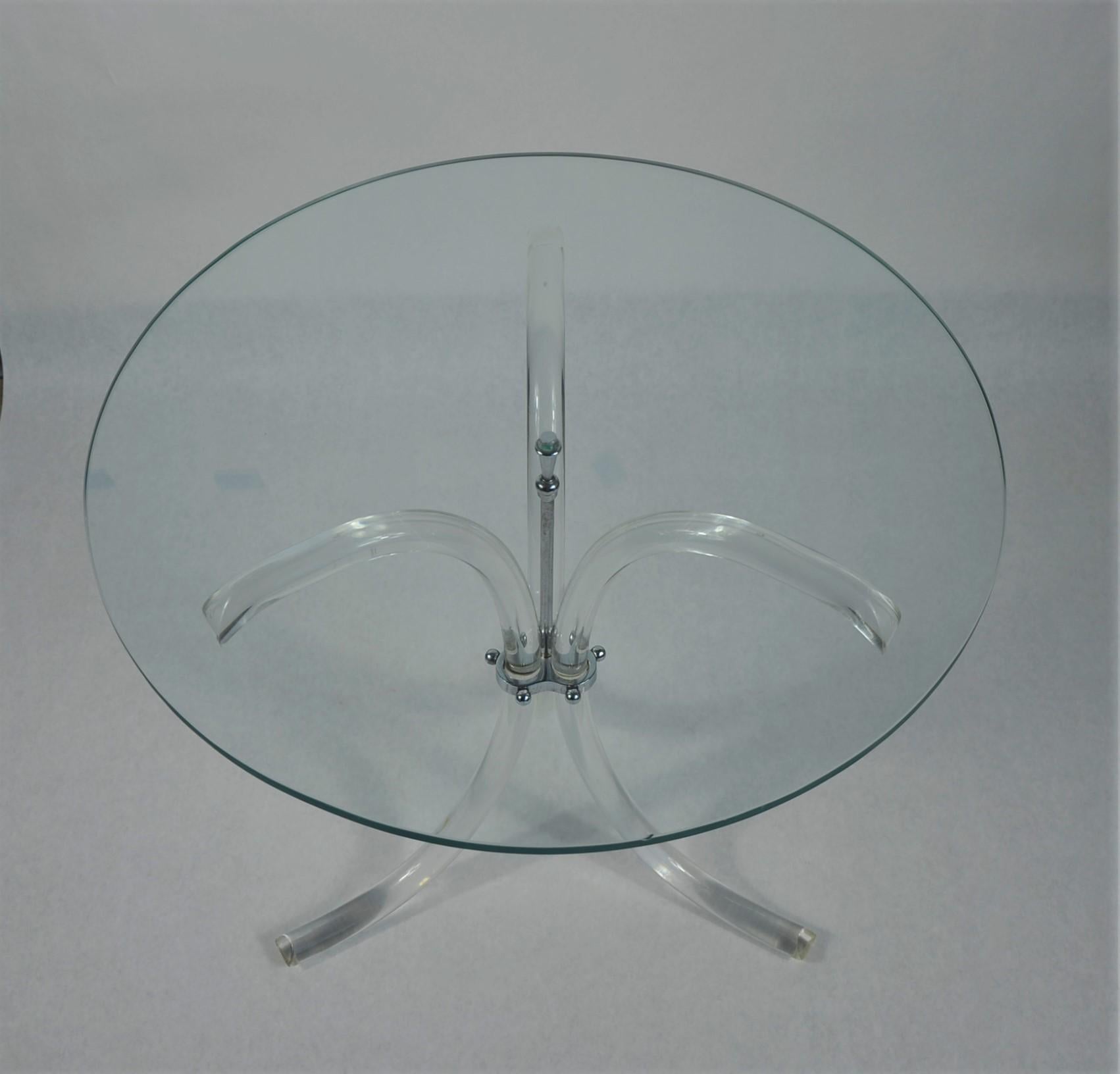 Round Glass Top, Chrome Accents & Lucite Tripod Legs Side /End /Occasional Table 3