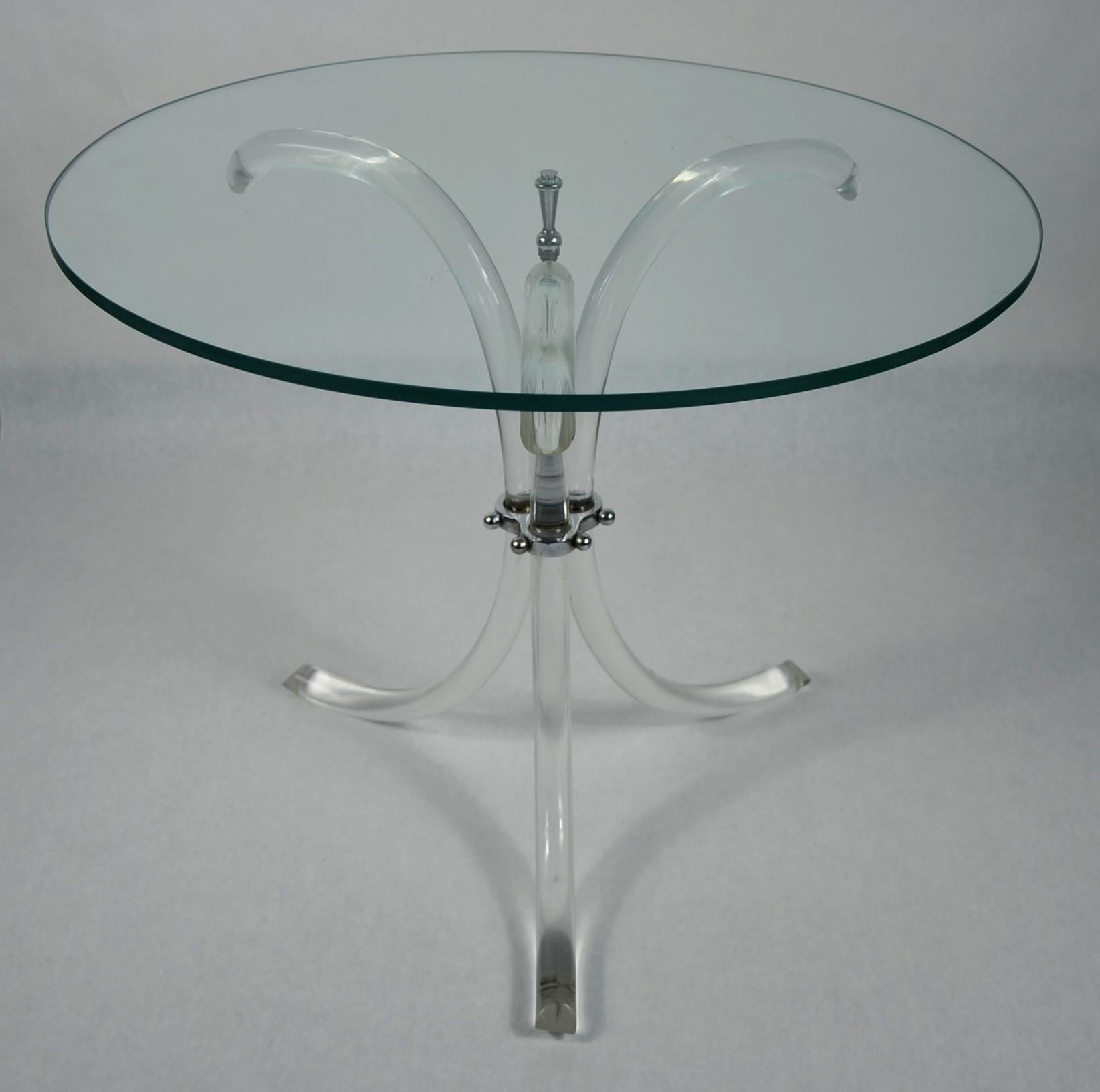 Mid-Century Modern Round Glass Top, Chrome Accents & Lucite Tripod Legs Side /End /Occasional Table