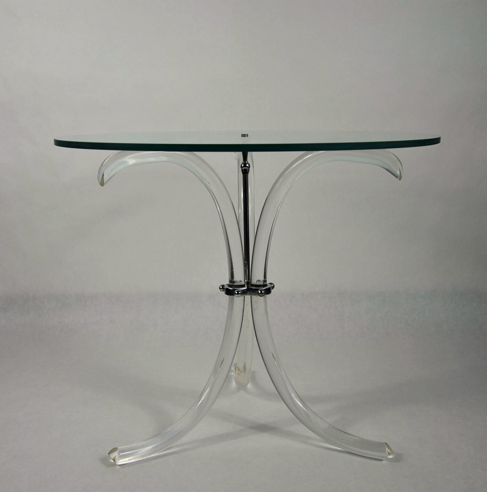 American Round Glass Top, Chrome Accents & Lucite Tripod Legs Side /End /Occasional Table
