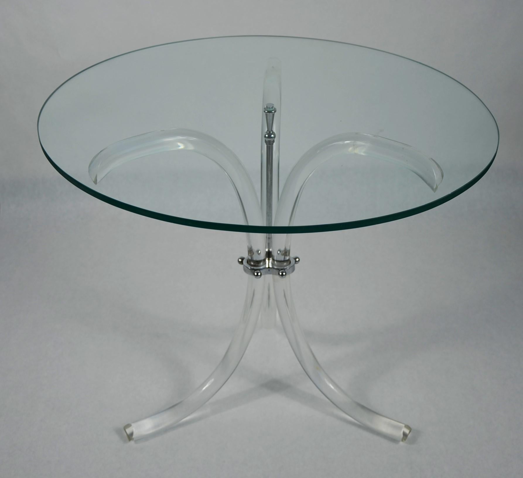 20th Century Round Glass Top, Chrome Accents & Lucite Tripod Legs Side /End /Occasional Table