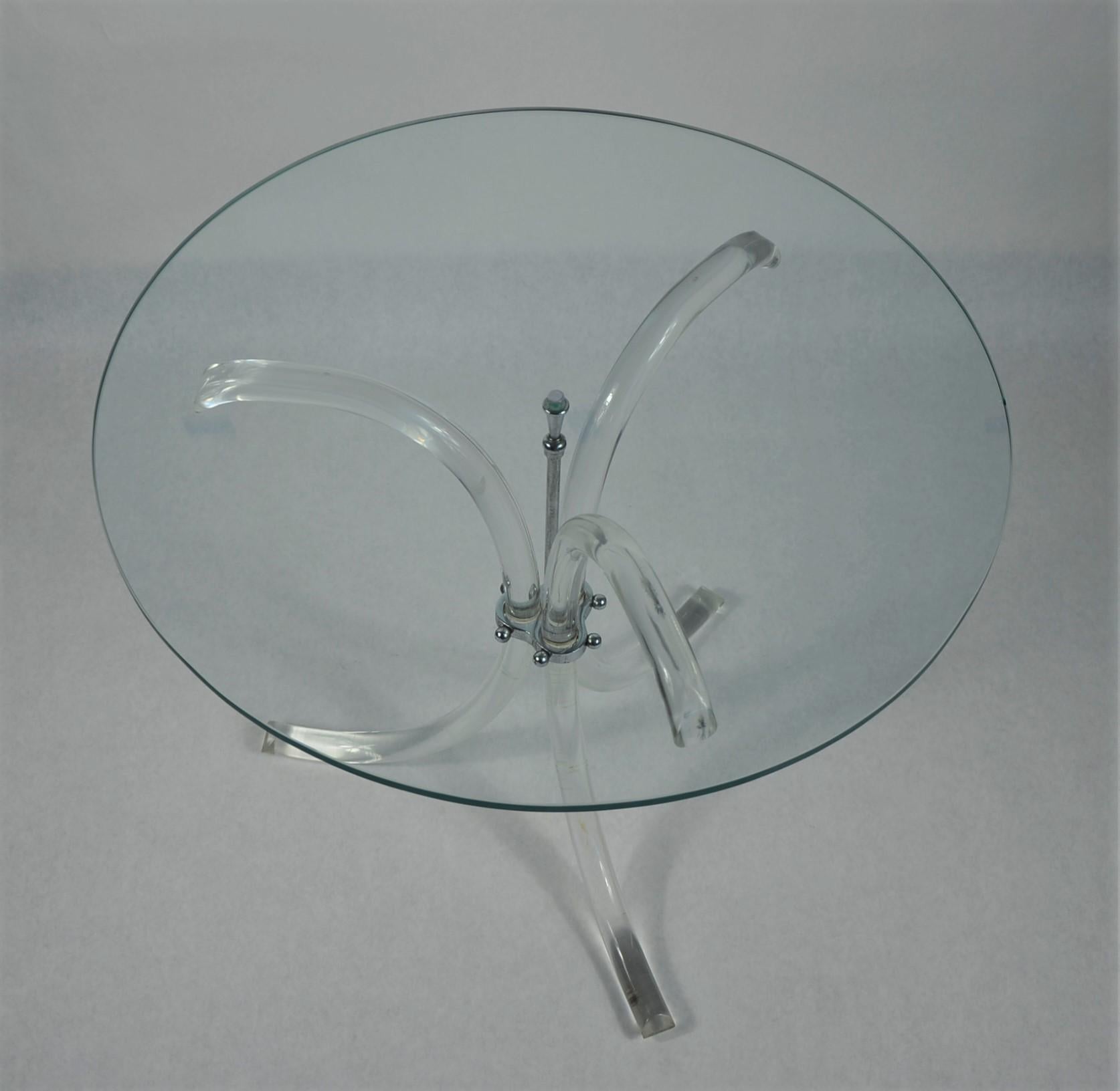 Round Glass Top, Chrome Accents & Lucite Tripod Legs Side /End /Occasional Table 1