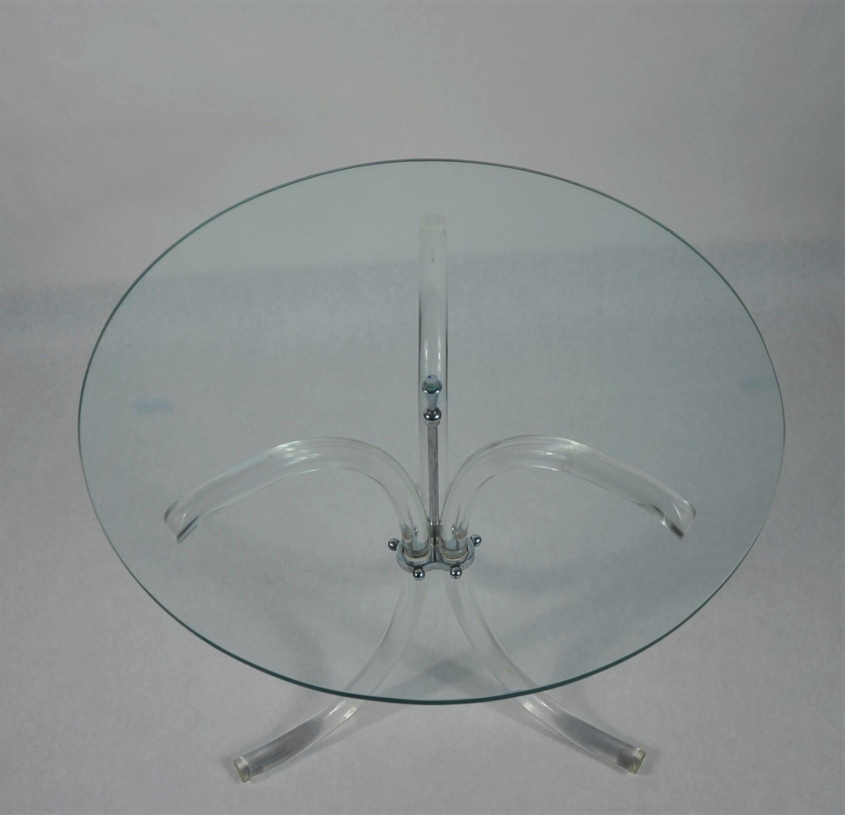 Round Glass Top, Chrome Accents & Lucite Tripod Legs Side /End /Occasional Table 2