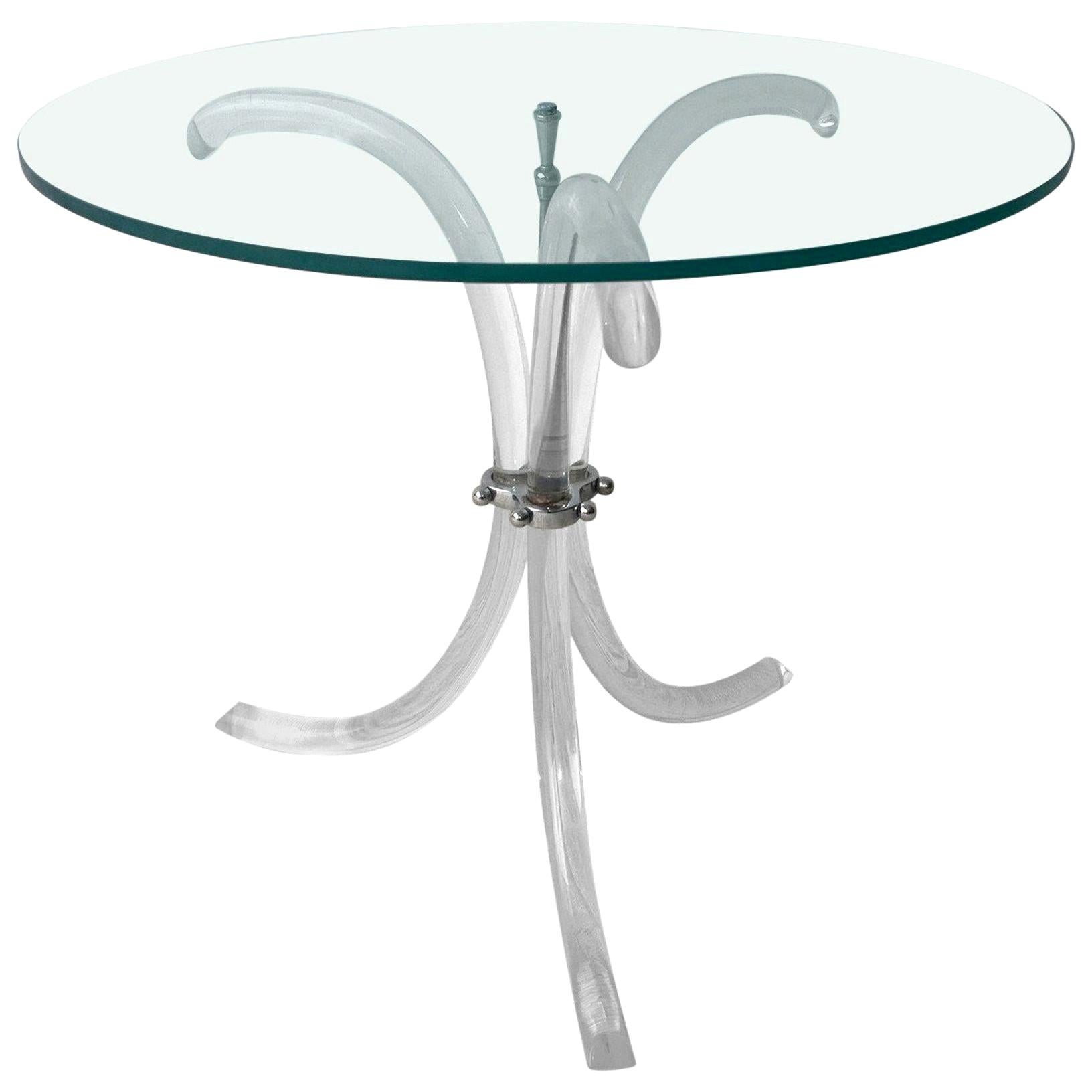 Round Glass Top, Chrome Accents & Lucite Tripod Legs Side /End /Occasional Table
