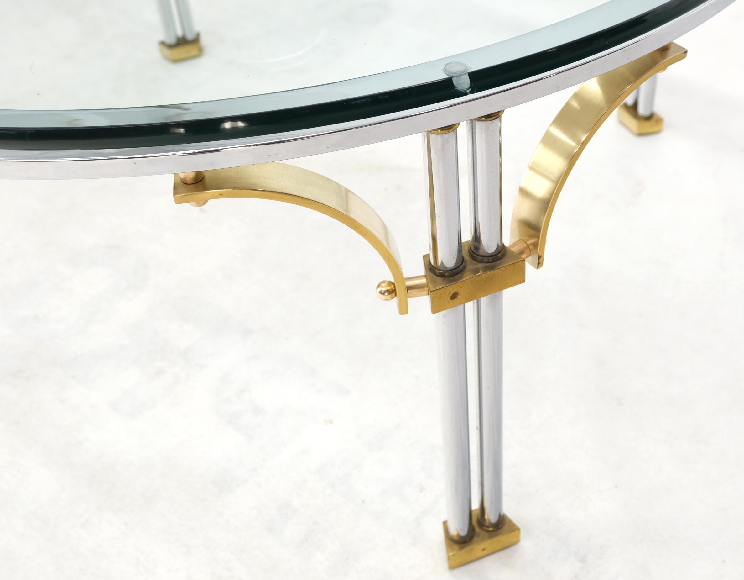 Round Glass Top Chrome Legs Solid Brass Stretchers & Feet Coffee Center Table For Sale 4
