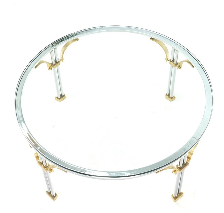 Round Glass Top Chrome Legs Solid Brass Stretchers and Feet Coffee