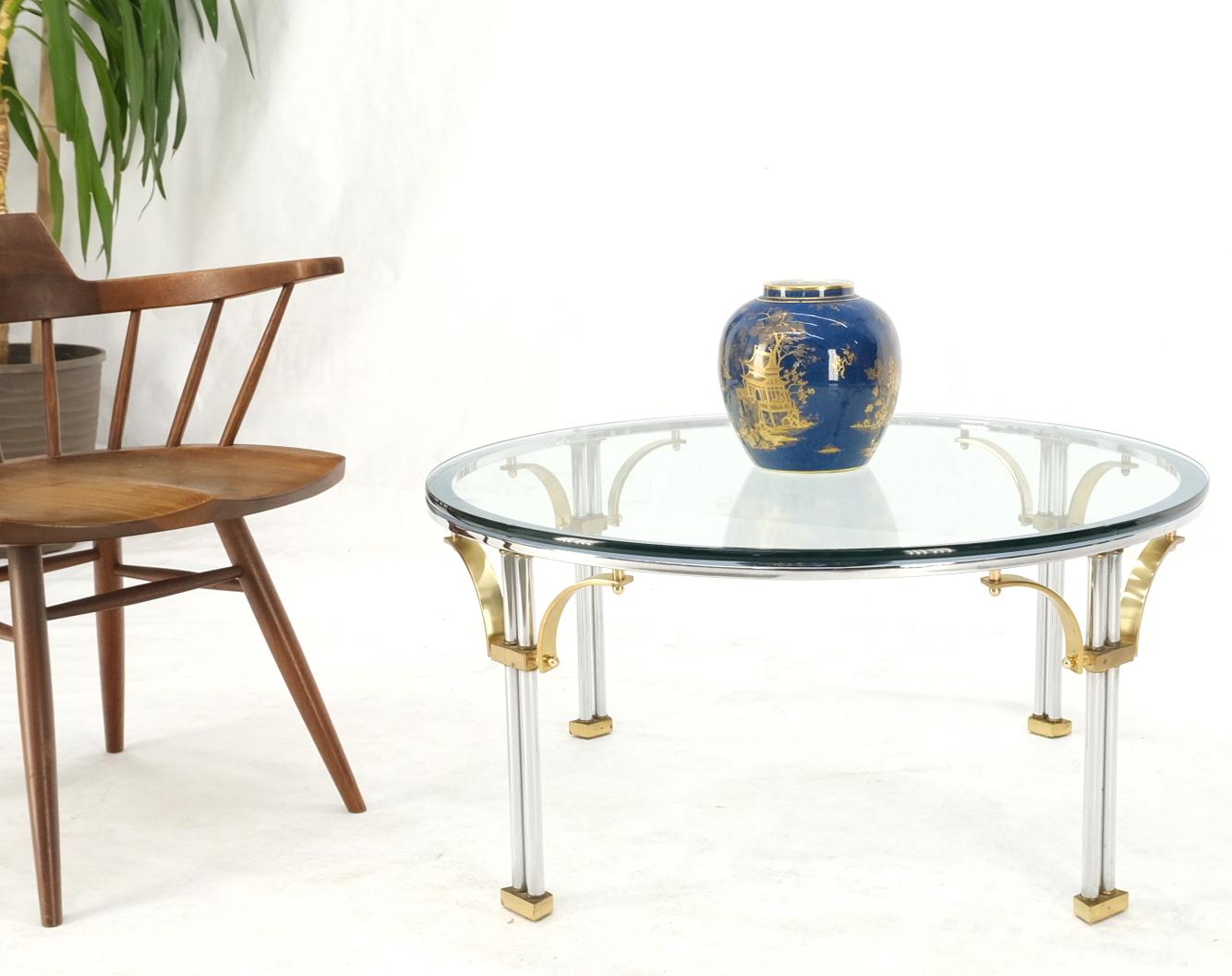 20th Century Round Glass Top Chrome Legs Solid Brass Stretchers & Feet Coffee Center Table For Sale