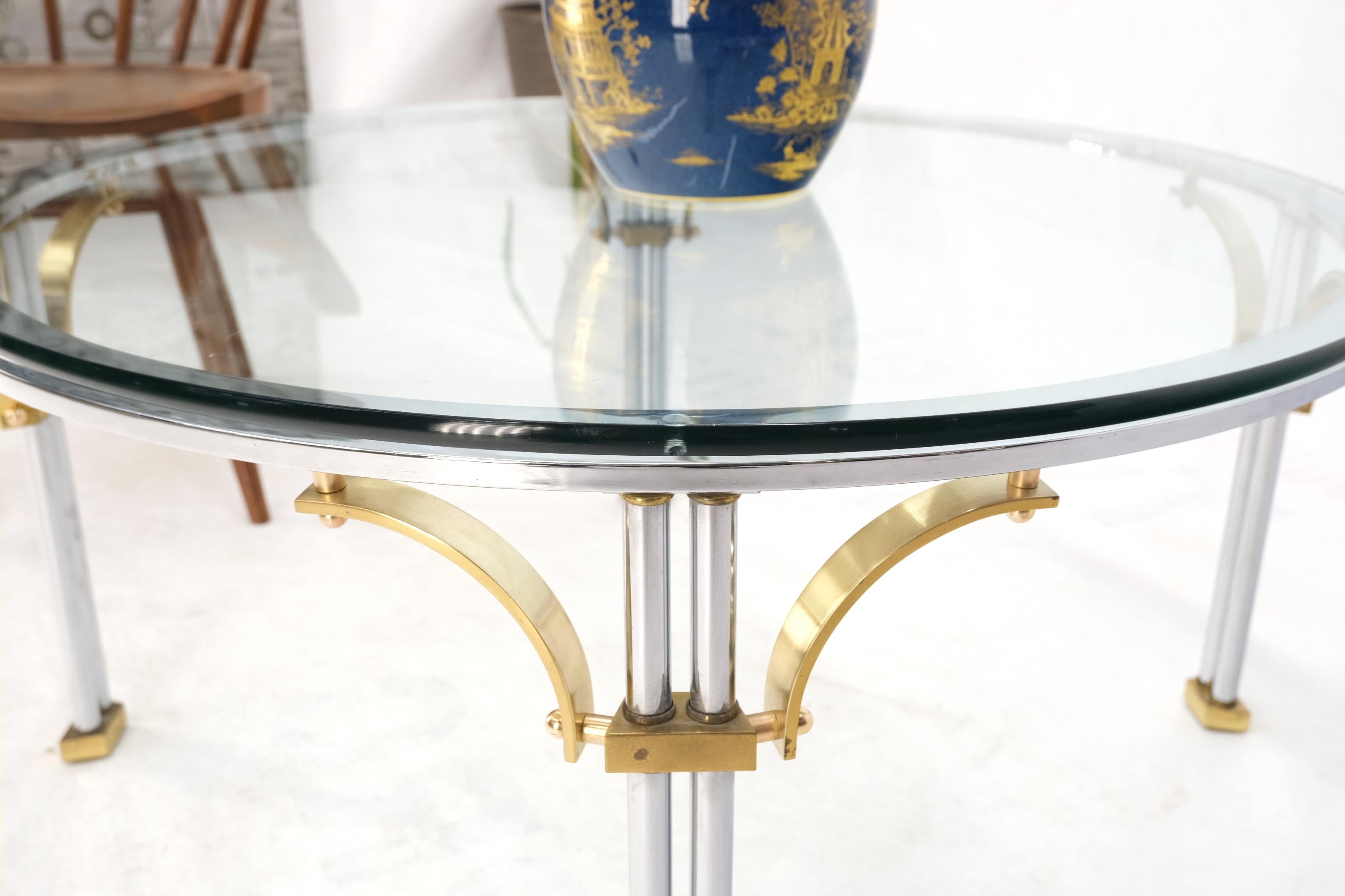 Round Glass Top Chrome Legs Solid Brass Stretchers & Feet Coffee Center Table For Sale 3