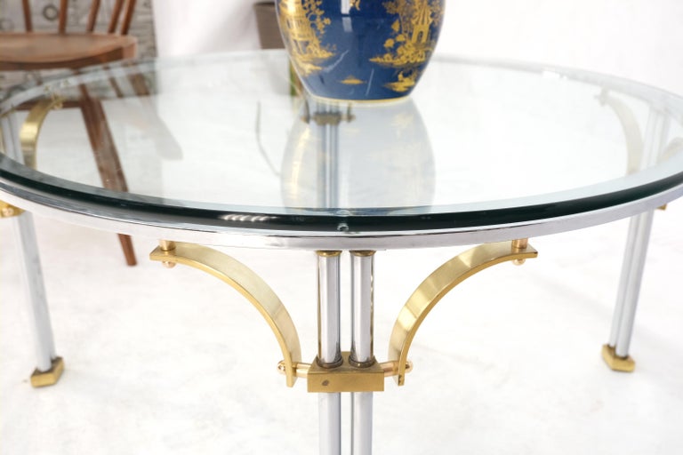 Round Glass Top Chrome Legs Solid Brass Stretchers and Feet Coffee