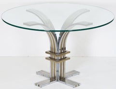 Round Glass Top Dining Table of Chrome and Brass from Italy, Attrib. Romeo Rega