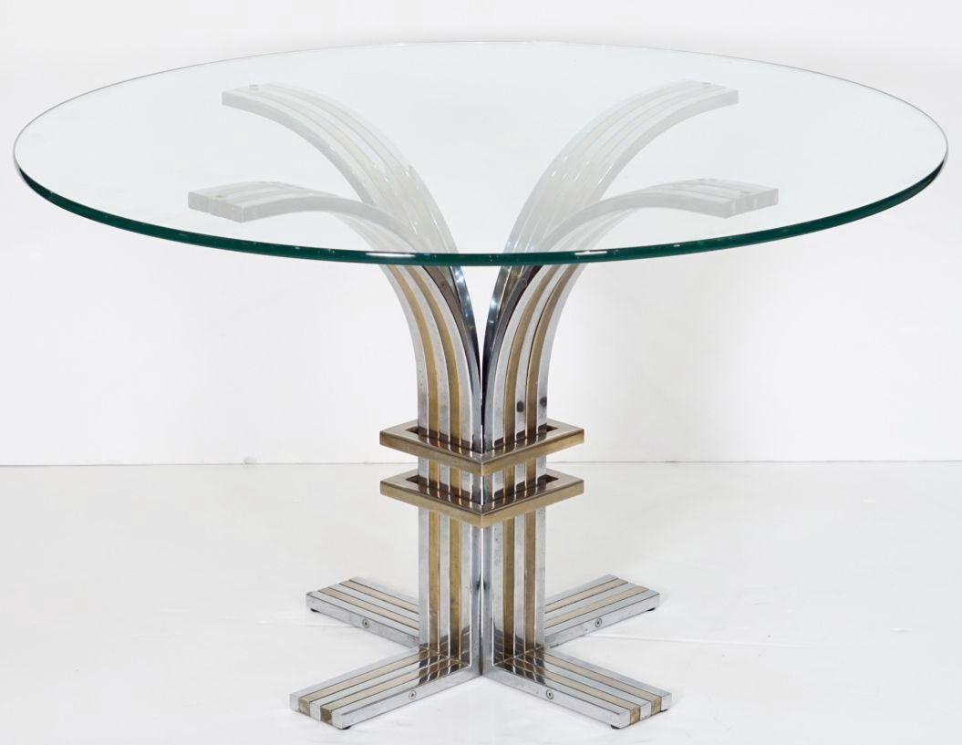 Round Glass Top Dining Table of Chrome and Brass from Italy, Attrib. Romeo Rega For Sale 1