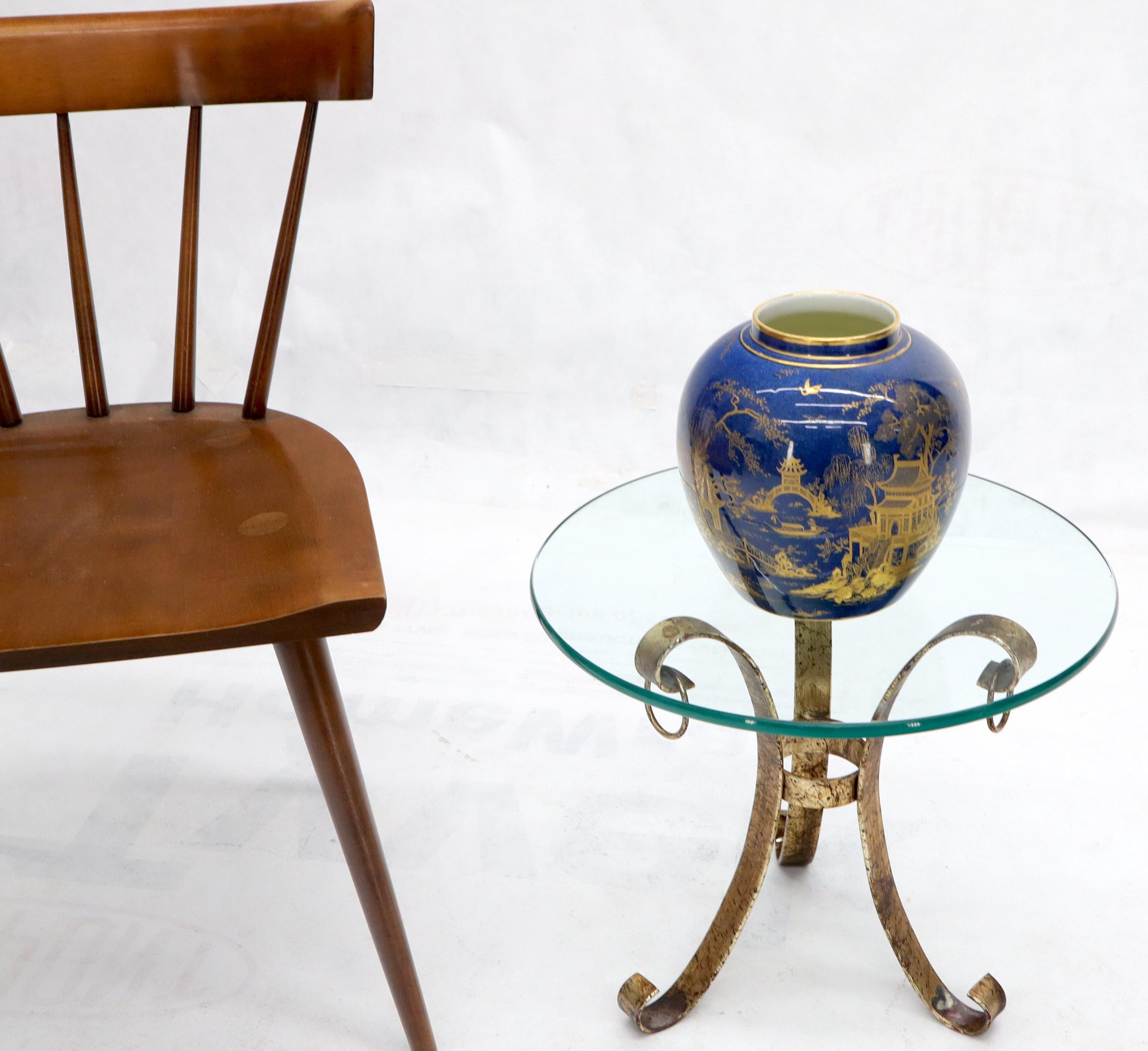 Hollywood Regency style gilt wrought iron tripod base round glass top side occasional center side table Stand.