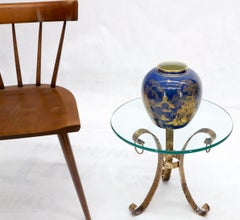 Round Glass Top Gold Gilt Tripod Wrought Iron Base Side End Table