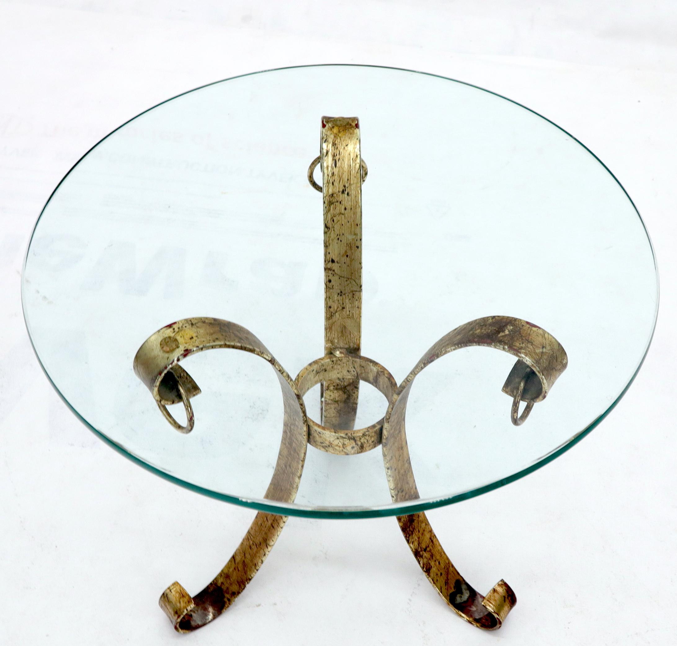 Mid-Century Modern Round Glass Top Gold Gilt Tripod Wrought Iron Base Side End Table For Sale