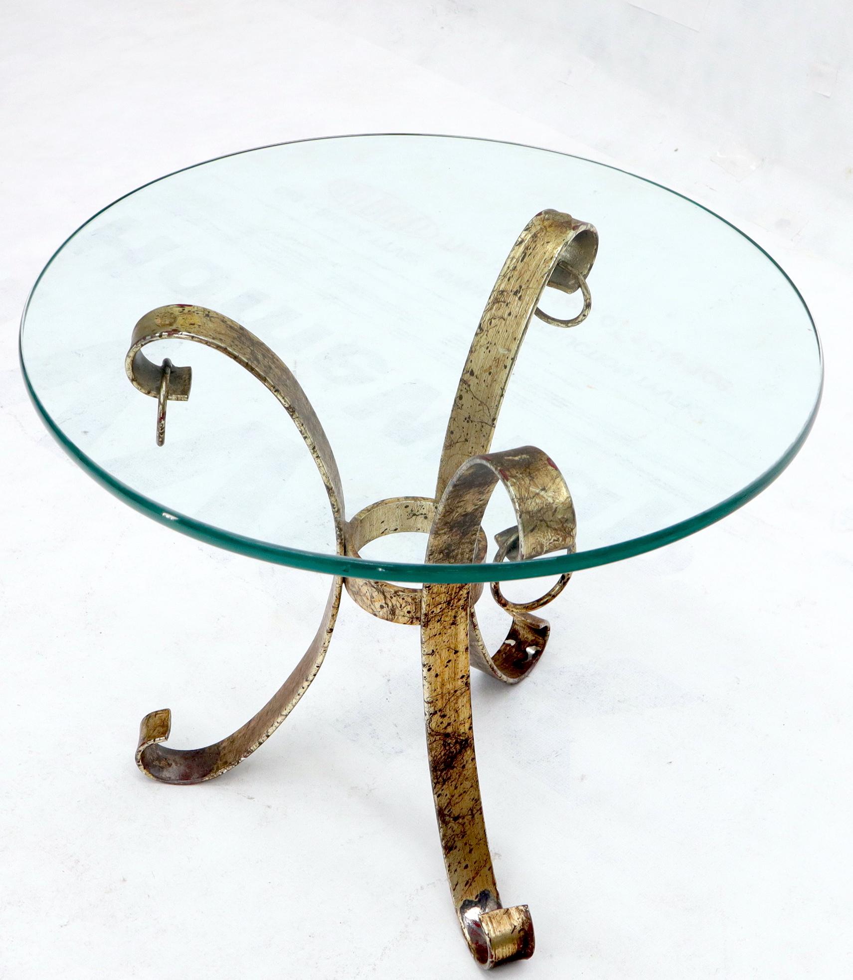 Unknown Round Glass Top Gold Gilt Tripod Wrought Iron Base Side End Table For Sale