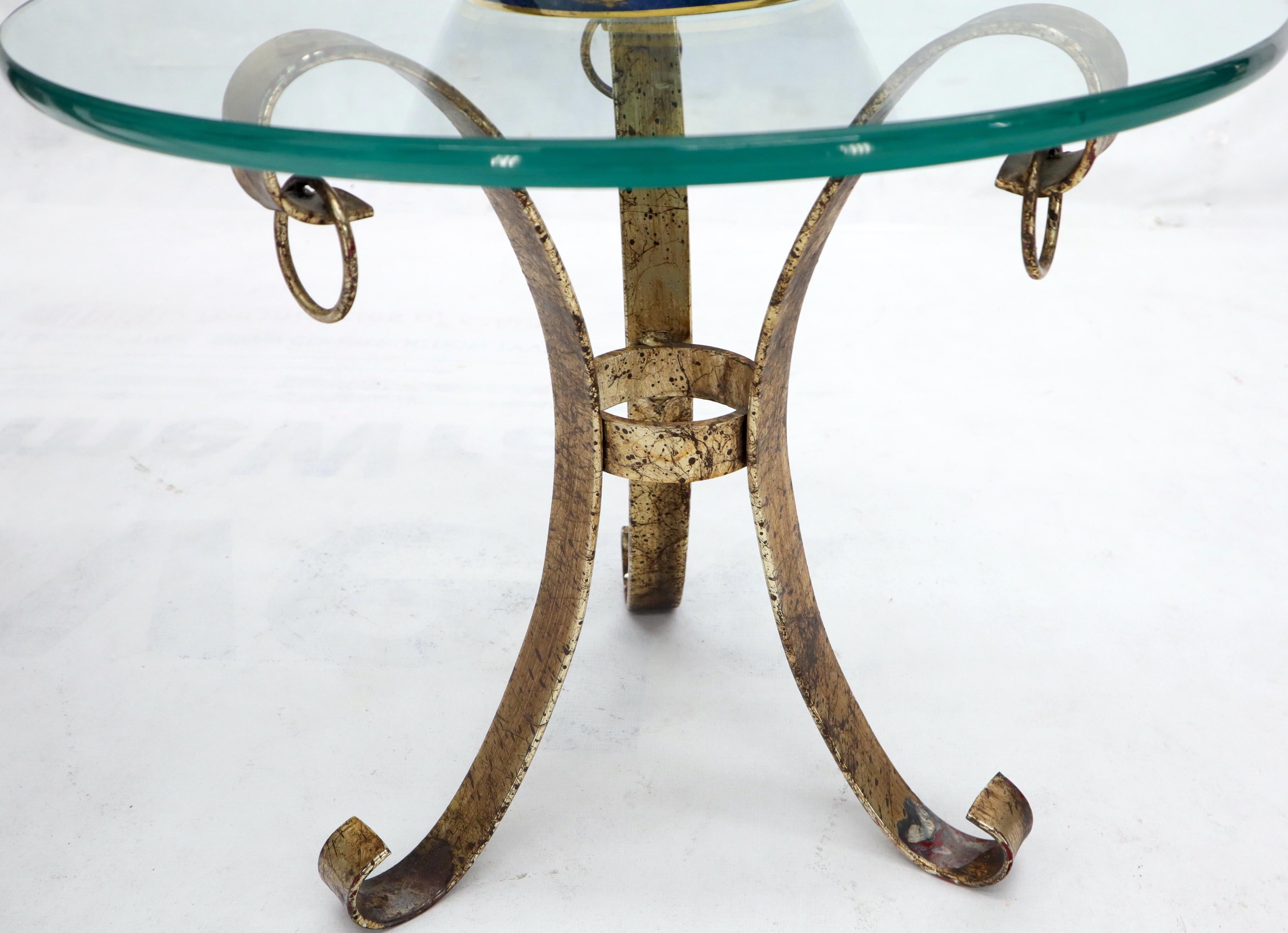 Round Glass Top Gold Gilt Tripod Wrought Iron Base Side End Table In Excellent Condition For Sale In Rockaway, NJ