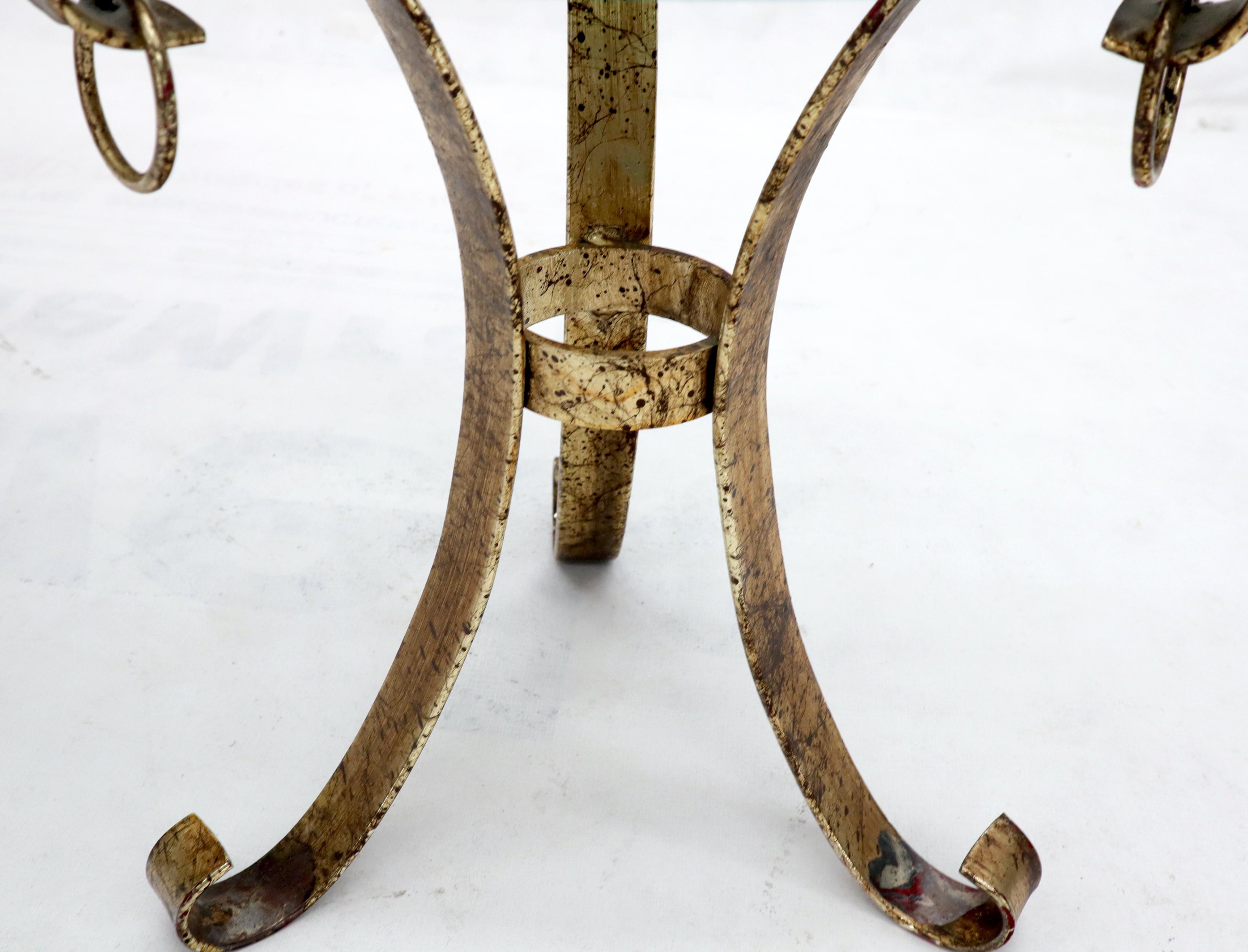20th Century Round Glass Top Gold Gilt Tripod Wrought Iron Base Side End Table For Sale