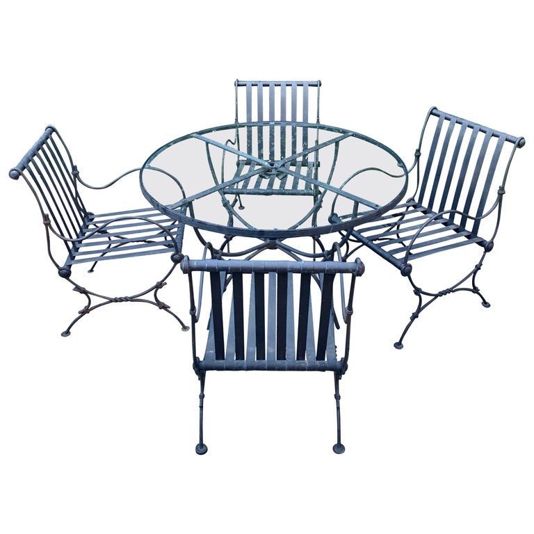Round Glass Top Iron Patio Table with Four Chairs at 1stDibs round