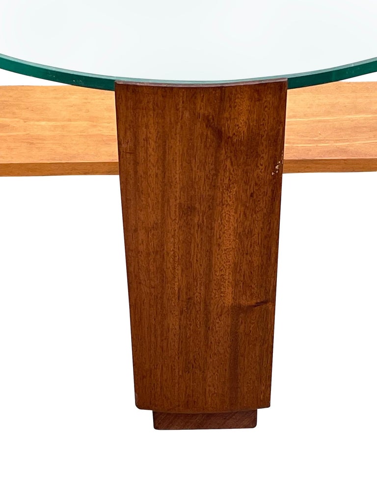 Round Glass Top, Wood Base Coffee Table, France, Mid Century For Sale