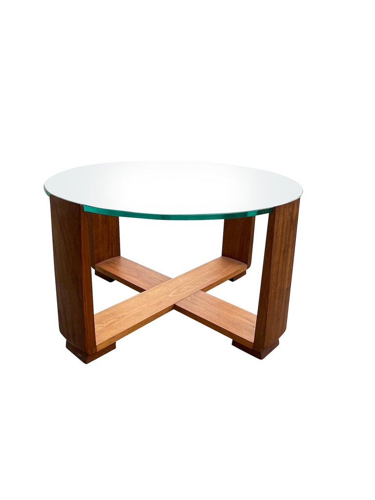 Round Glass Top, Wood Base Coffee Table, France, Mid Century For Sale