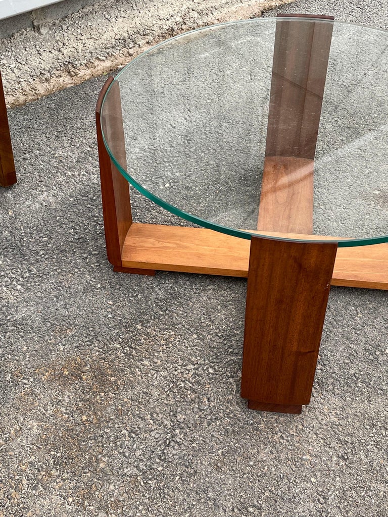 Round Glass Top, Wood Base Coffee Table, France, Mid Century For Sale