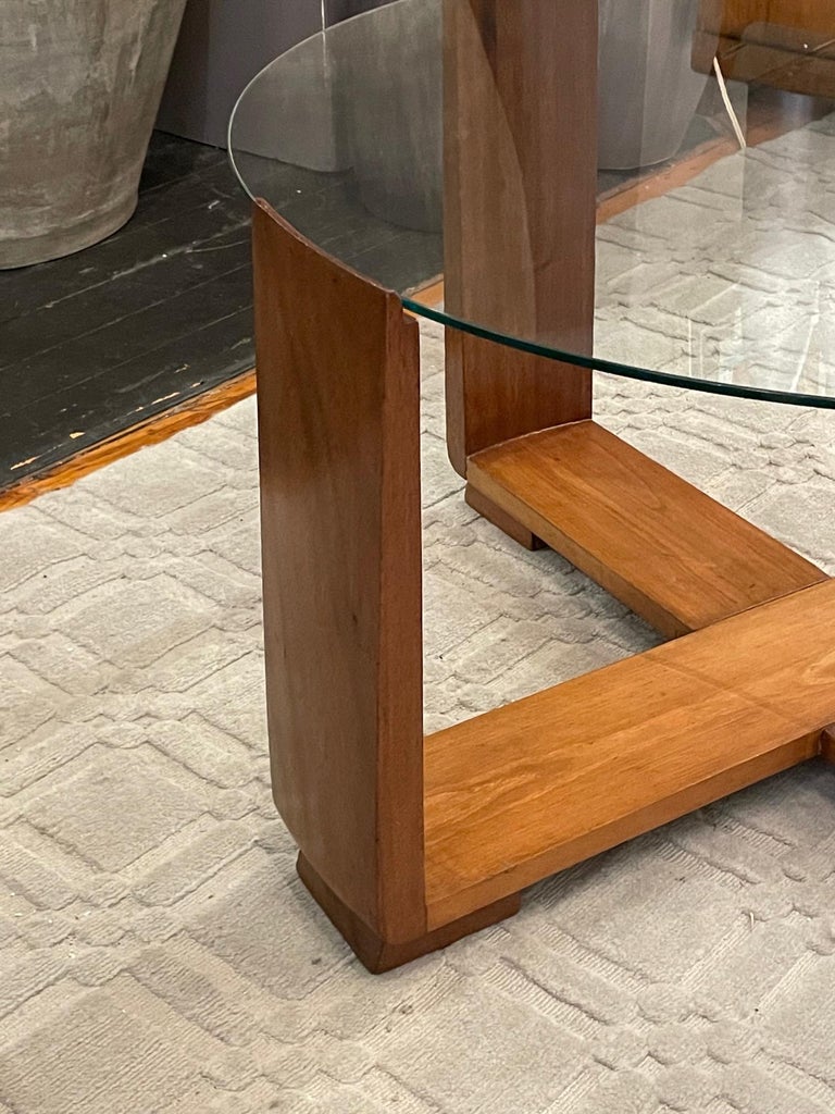 Round Glass Top, Wood Base Coffee Table, France, Mid Century For Sale