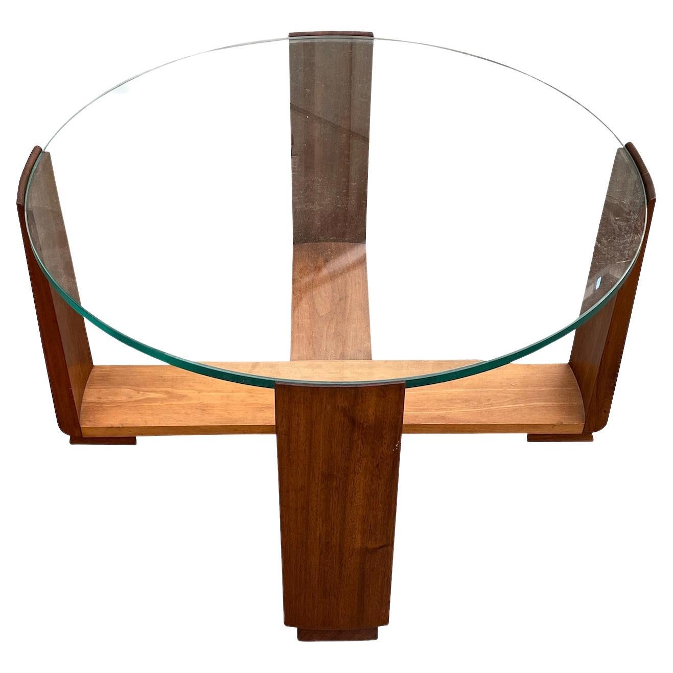 Round Glass Top, Wood Base Coffee Table, France, Mid Century