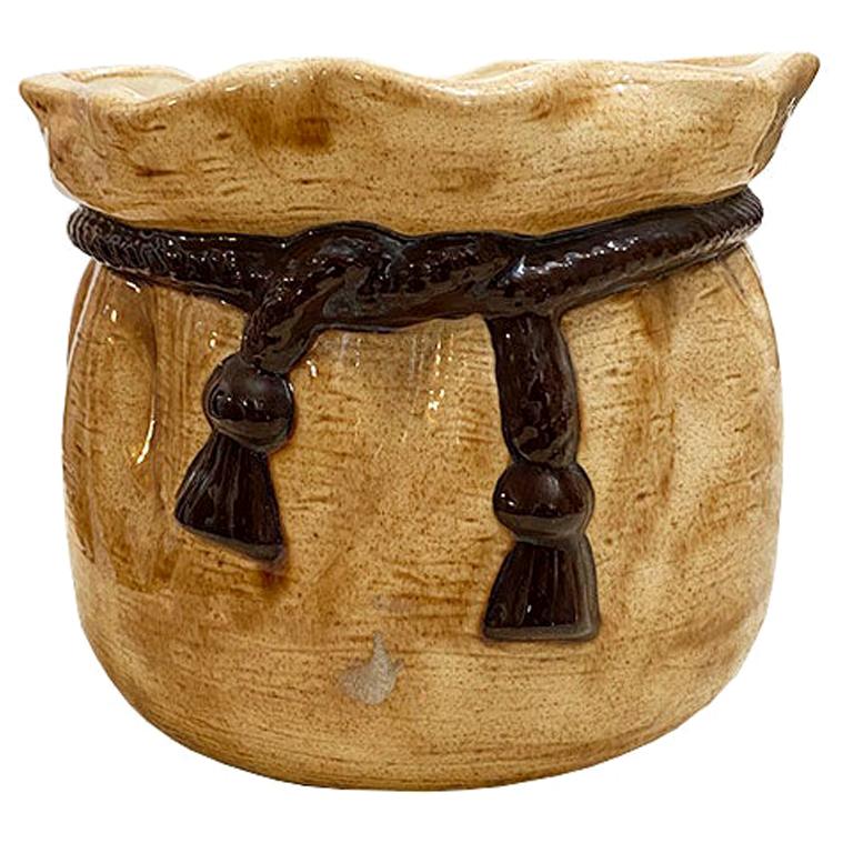 Round Glazed Ceramic Planter with Ribbon Tassel Motif in Brown