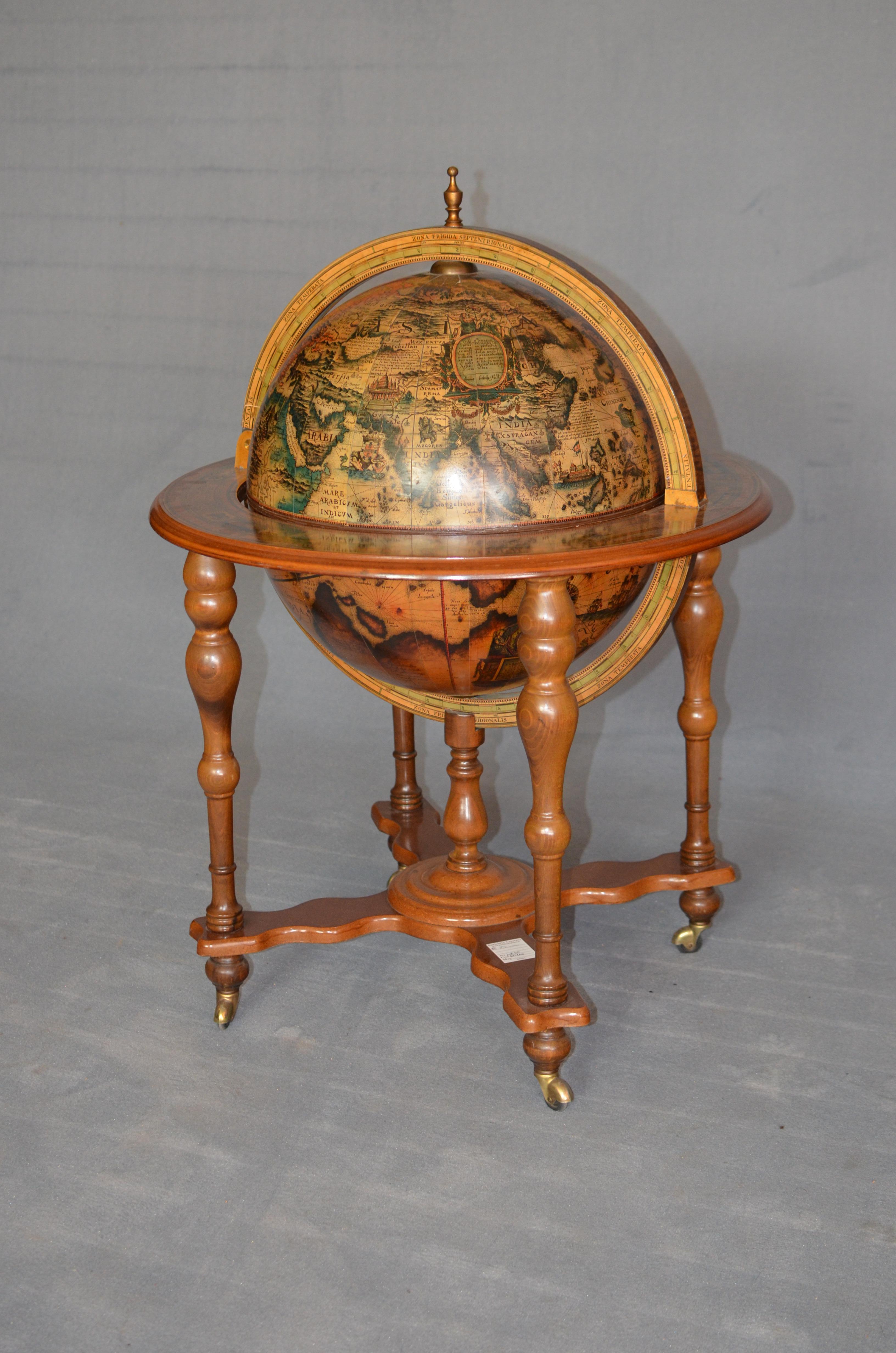 Other Round Globe Bar Cart in Light French Walnut Wood, 1950s