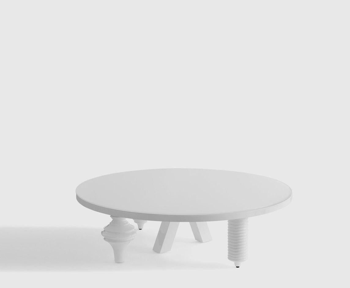 Round gloss multileg low table by Jaime Hayon
Dimensions: Diameter 120 x height 35 cm 
Materials: MDF tabletop matt or gloss lacquered. Glass top of 8 mm lacquered on the bottom. Legs in solid alder wood are lacquered or stained to match with the