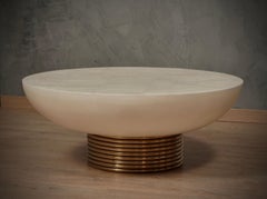 Round Goatskin and Brass Mid-Century Coffee and Cocktail Sofa Table, 1990