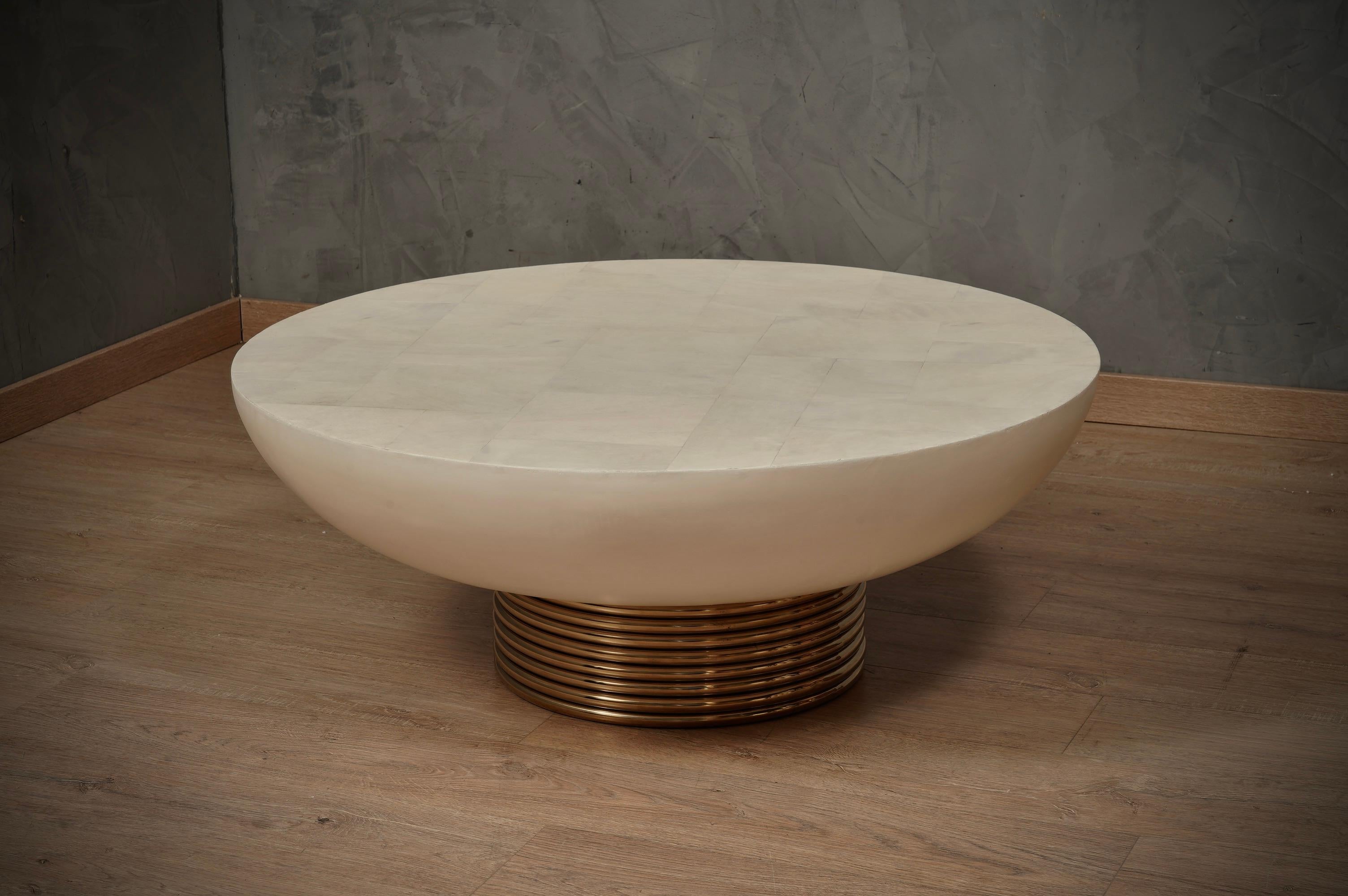 Round Goatskin and Brass Mid-Century Coffee and Cocktail Sofa Table, 1990 2