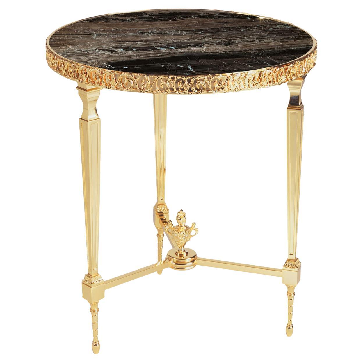 Round Gold Brass Structure With Marble Top Side Table For Sale
