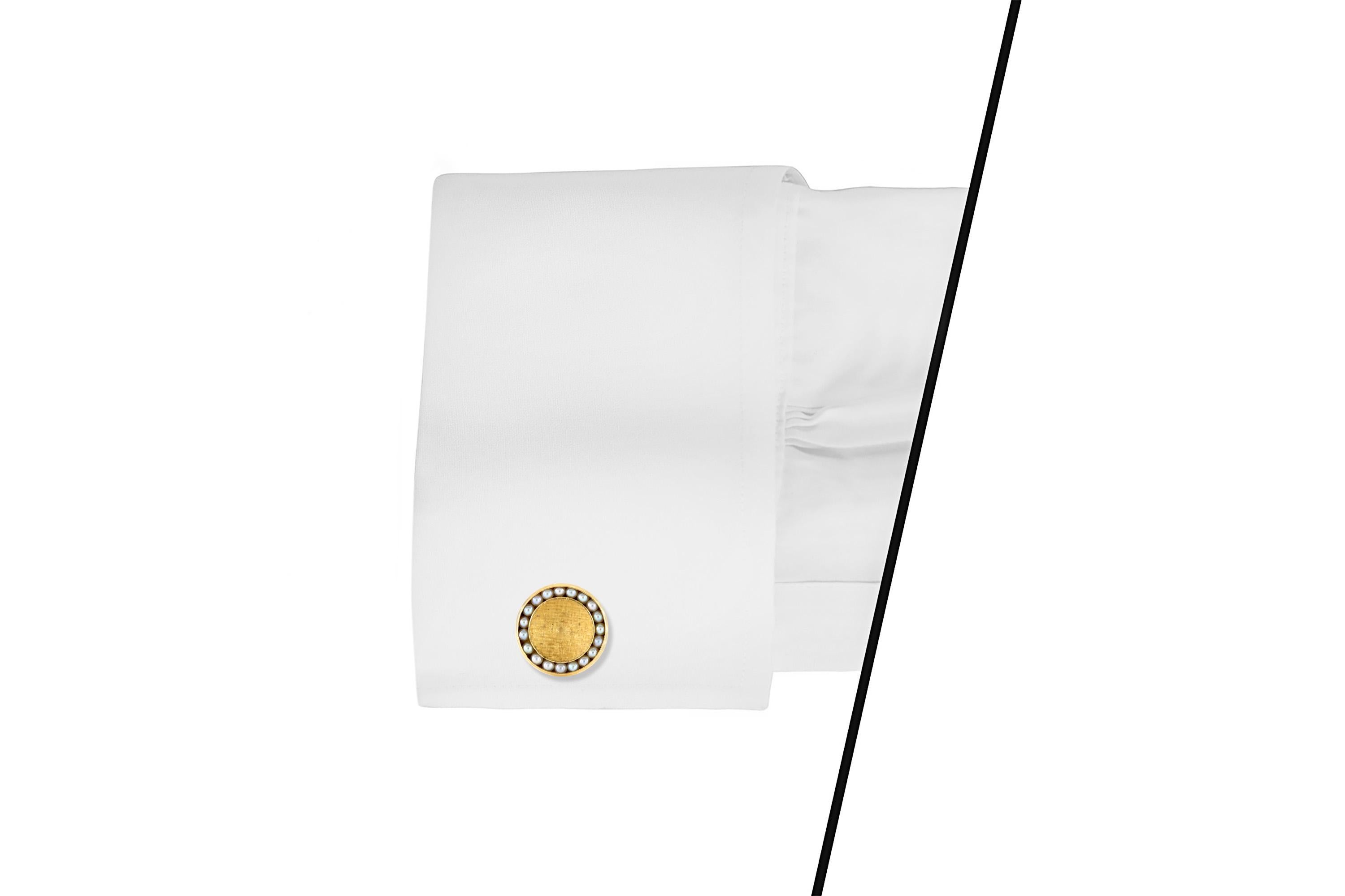Women's or Men's Round Gold Cufflinks with Pearls