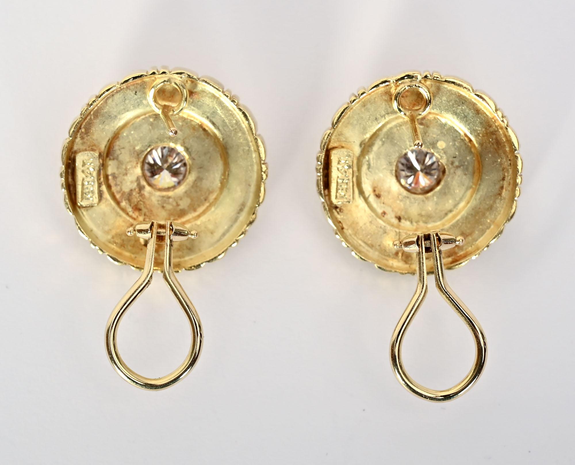 Round Gold Earrings Centered with Diamonds In Excellent Condition For Sale In Darnestown, MD