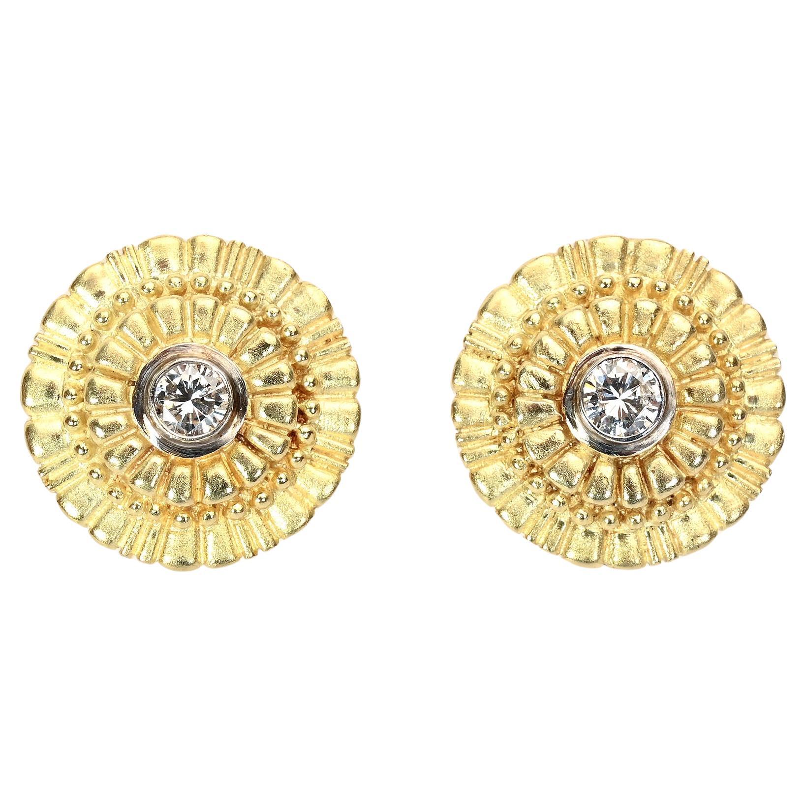 Round Gold Earrings Centered with Diamonds For Sale