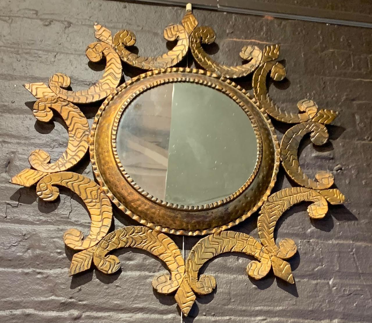 Spanish Round Gold Gilt Curly Framed Mirror, Spain, 1950s For Sale