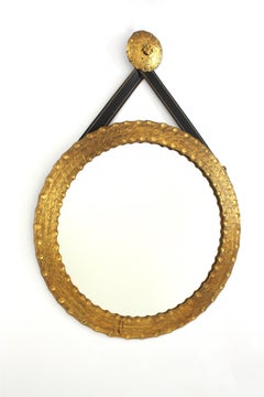 Round Gold Gilt Iron Wall Mirror with Faux Leather Strap, Spain 1950s