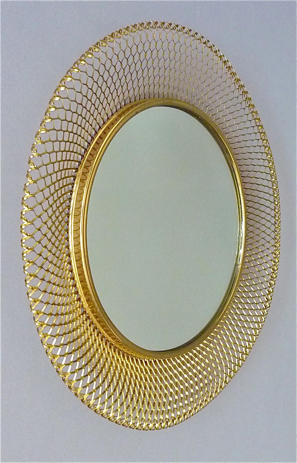 Mid-Century Modern Round Golden Midcentury Wall Mirror Patinated Brass Glass Vereinigte Werkstätten For Sale