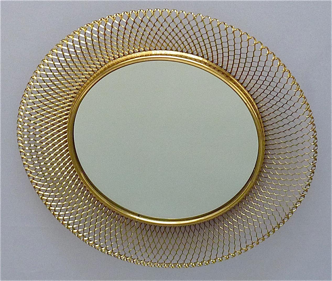 German Round Golden Midcentury Wall Mirror Patinated Brass Glass Vereinigte Werkstätten For Sale