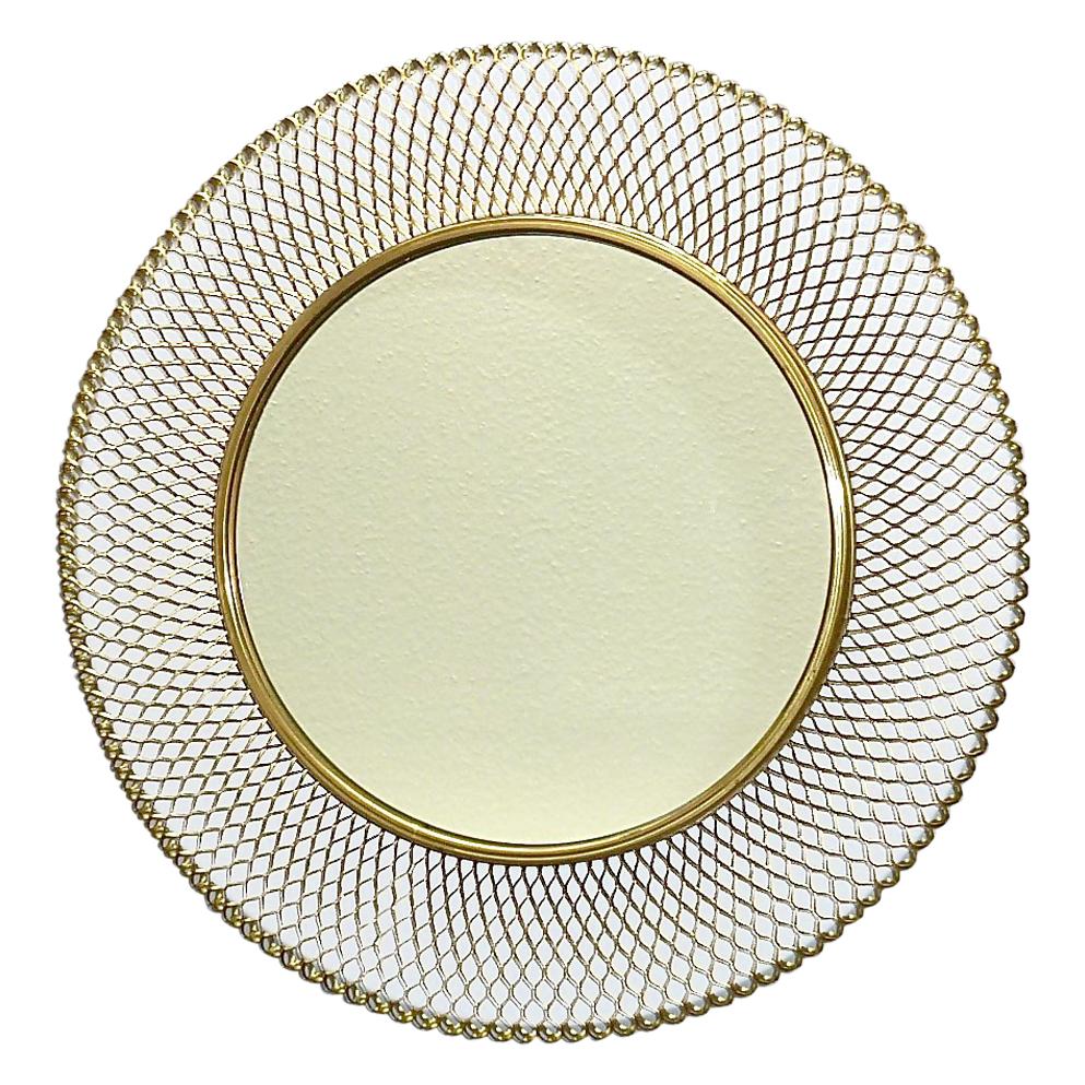 Round Golden Midcentury Wall Mirror Patinated Brass Glass Vereinigte Werkstätten For Sale