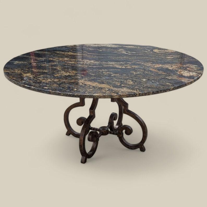 Unknown Round Granite Top Dining Table, Ornate Cast Iron Base, Seats 6-8