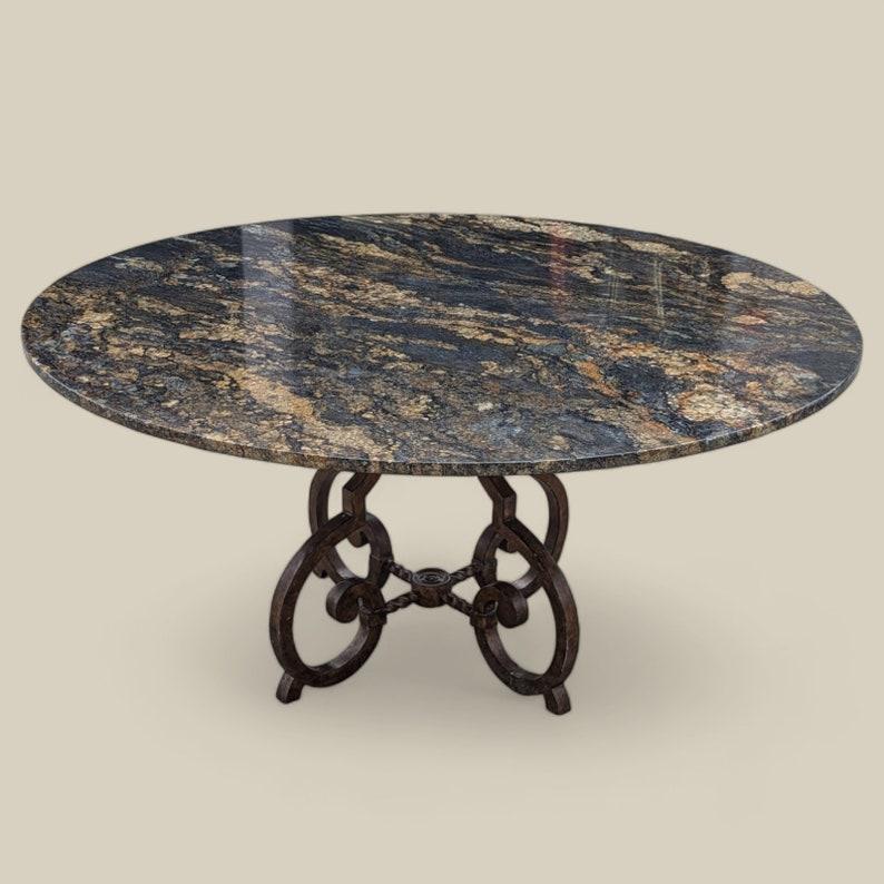 Round Granite Top Dining Table, Ornate Cast Iron Base, Seats 6-8 In Good Condition In Rancho Cucamonga, CA