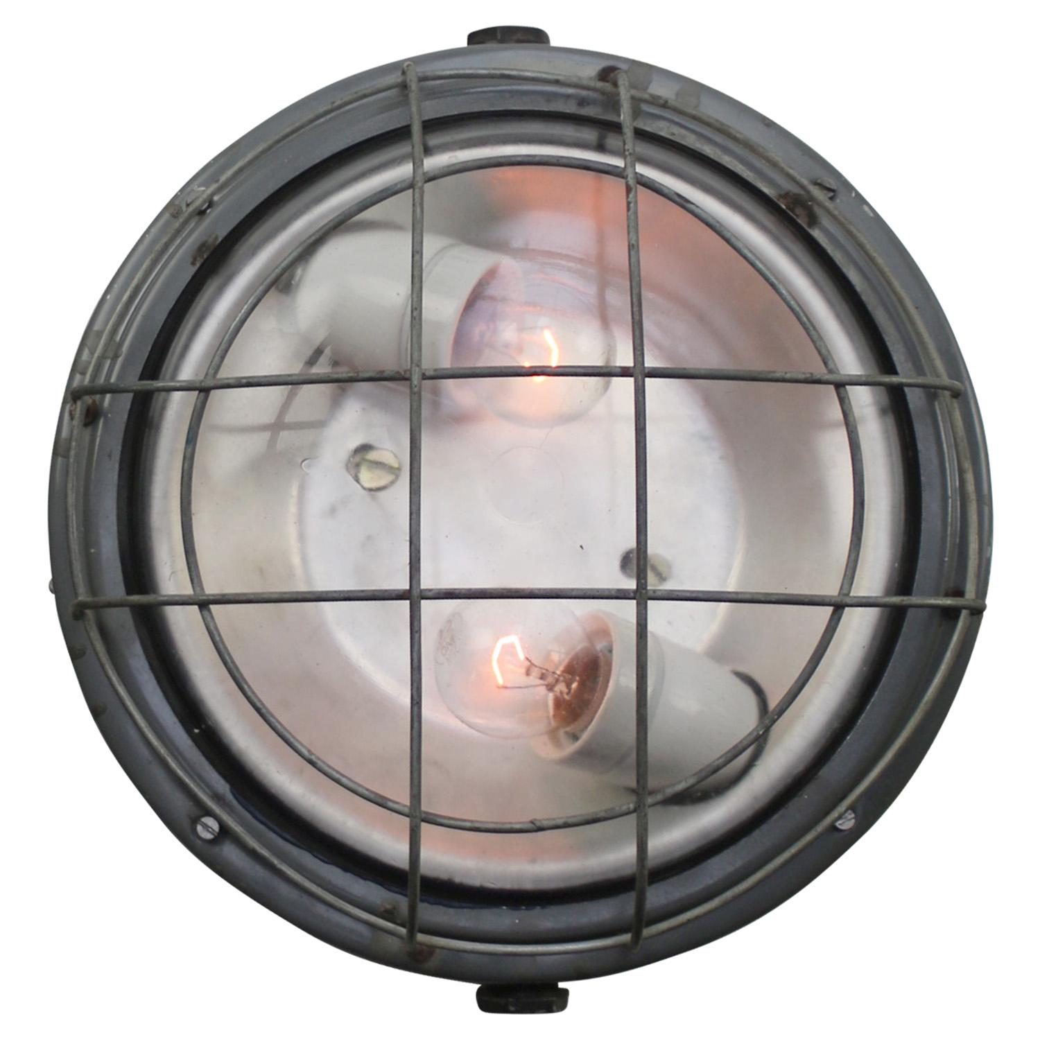Czech Round Gray Metal Vintage Industrial Clear Glass Wall Lamp Scone For Sale